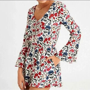 American Eagle Floral Romper Long Bell Sleeves Pockets Lined Women’s Size Small